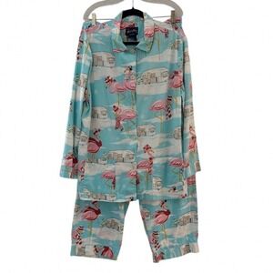 Nick & Nora Womens XL Flamingo Winter Camper Flannel Pajama Set Blue Cotton